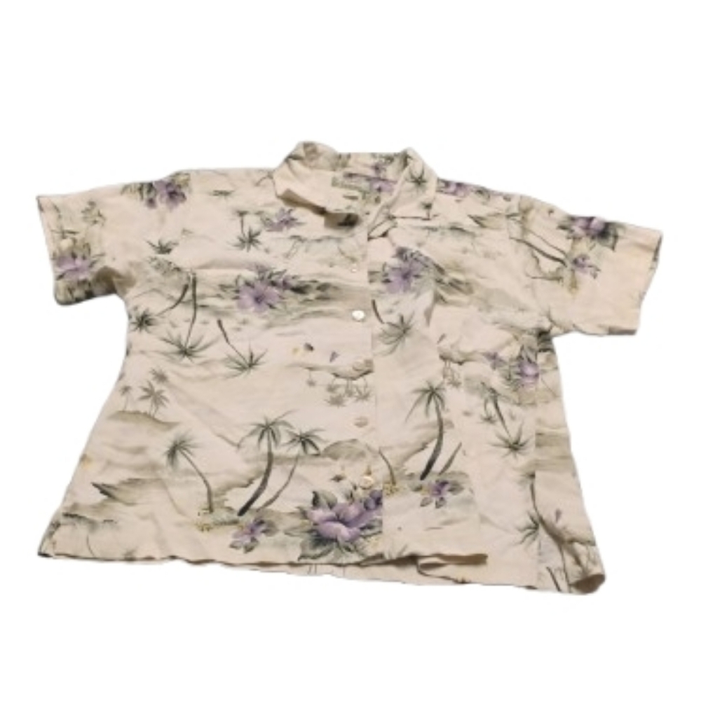 Vintage Tommy Bahama Hibiscus Palm Print Silk Short Sleeve Hawaiian Button Top